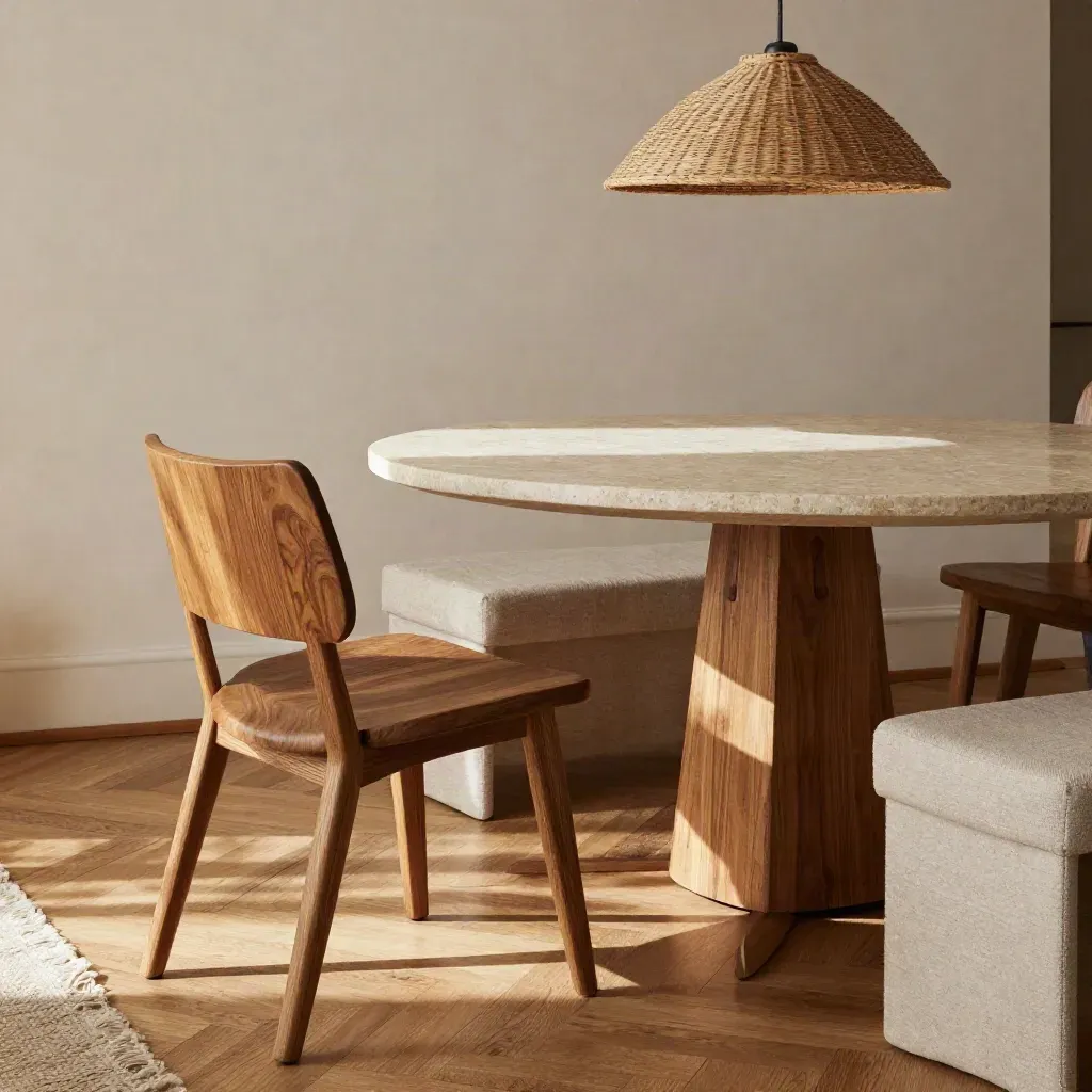 Comedor seleccionado con silla de roble, mesa de travertino, banco tapizado y lámpara tejida.