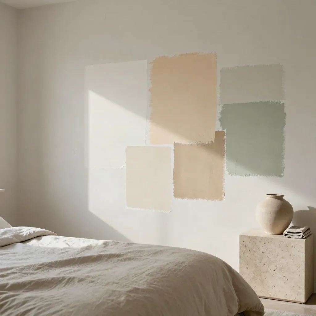Dormitorio sereno con muestras de pintura salvia y ropa de cama suave sobre muro de yeso.