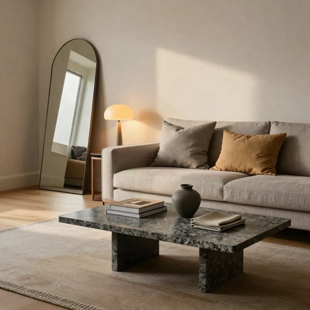 Salón de alquiler preparado con espejo, lámpara y mesa de centro en luz cálida de tarde.