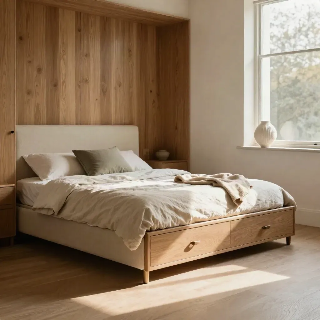 Dormitorio pequeño ordenado con cama baja, almacenaje integrado y luz suave al amanecer.