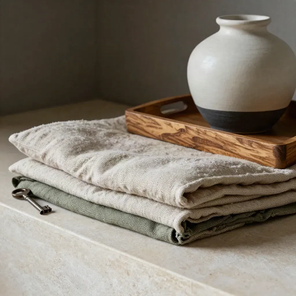 Texturas de lino, bouclé, cerámica y madera de olivo sobre una repisa de piedra.