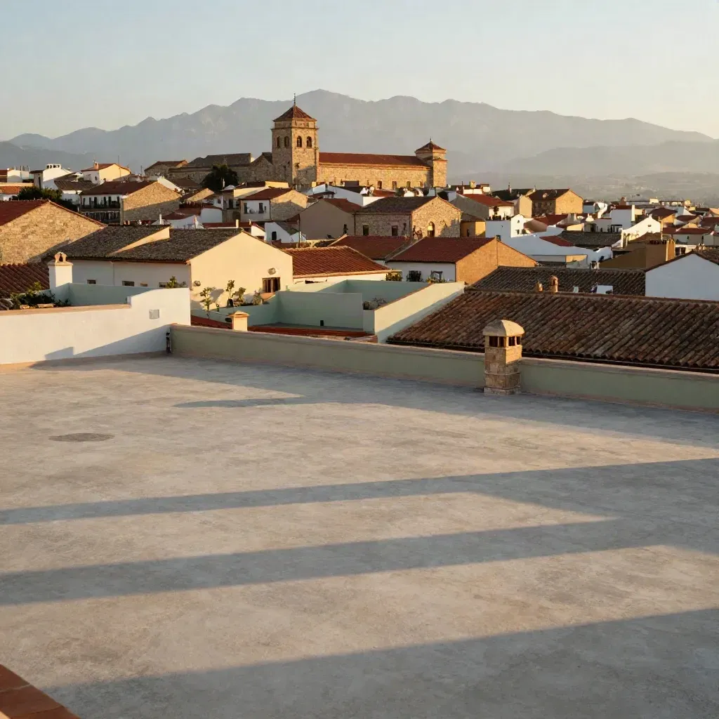 Vista de Madrid al atardecer, tejados rojizos y sierra difusa con terraza calma en primer plano.